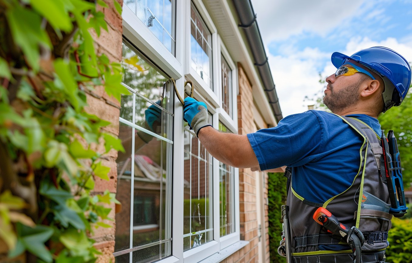 Window fitter installing double glazing