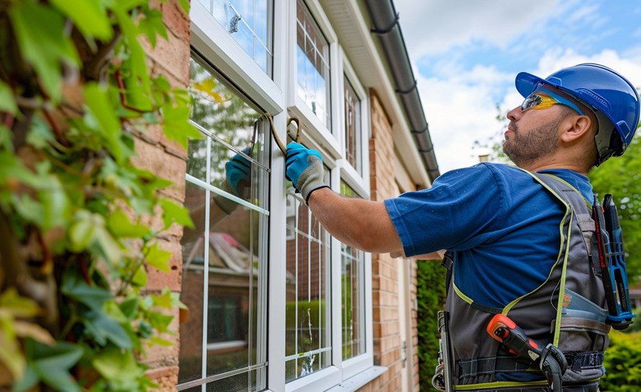 Window fitter installing double glazing